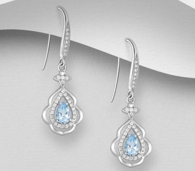 La Preciada 925 Sterling Silver Droplet Hook Earrings, Decorated with CZ Simulated Diamonds and Sky-Blue Topaz