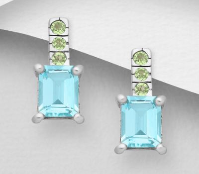 La Preciada - 925 Sterling Silver Push-Back Earrings, Decorated with Peridots and Sky-Blue Topaz