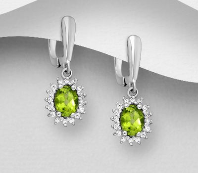 La Preciada - 925 Sterling Silver Halo Omega Lock Earrings, Decorated with CZ Simulated Diamonds and Peridot