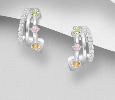 La Preciada - 925 Sterling Silver Push-Back Earrings, Decorated with CZ Simulated Diamonds, Pink Sapphire, Citrine and Peridot