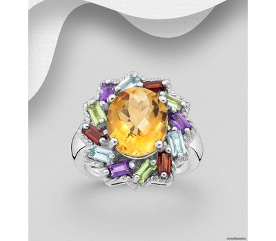 La Preciada - 925 Sterling Silver Ring, Decorated with Amethyst, Citrine, Garnet, Peridot and Sky-Blue Topaz