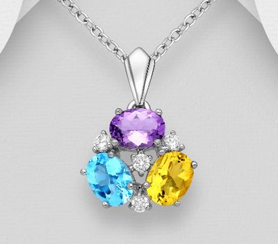 925 Sterling Silver Pendant, Decorated with CZ Simulated Diamonds and Various Gemstones. Gemstone Colors may Vary.