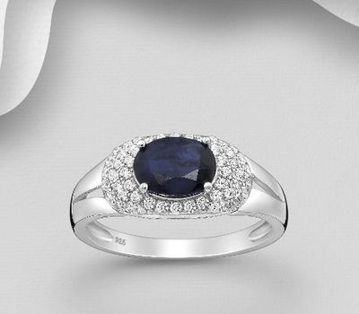 La Preciada - 925 Sterling Silver Ring, Decorated with CZ Simulated Diamonds and Blue Sapphire