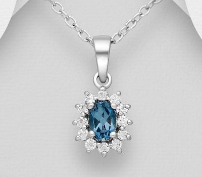 925 Sterling Silver Halo Pendant, Decorated with London Blue Topaz and CZ Simulated Diamonds