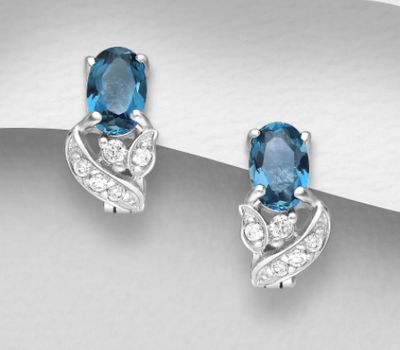 La Preciada - 925 Sterling Silver Omega Lock Earrings, Decorated with London Blue Topaz and CZ Simulated Diamonds