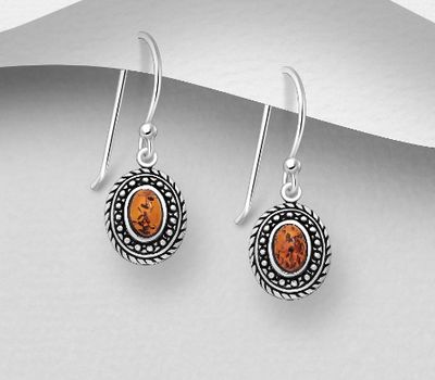 925 Sterling Silver Oxidized Oval Hook Earrings, Decorated with Baltic Amber