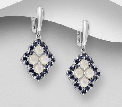 La Preciada - 925 Sterling Silver Rhombus Omega Lock Earrings, Decorated with Ethiopian Opal and Black Zircon