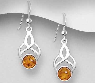 925 Sterling Silver Hook Earrings, Decorated with Baltic Amber