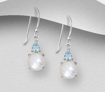 La Preciada - 925 Sterling Silver Hook Earrings, Decorated with Rainbow Moonstone and Sky-Blue Topaz