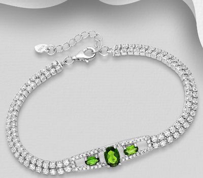 925 Sterling Silver Bracelet, Decorated with CZ Simulated Diamonds and Chrome Diopside