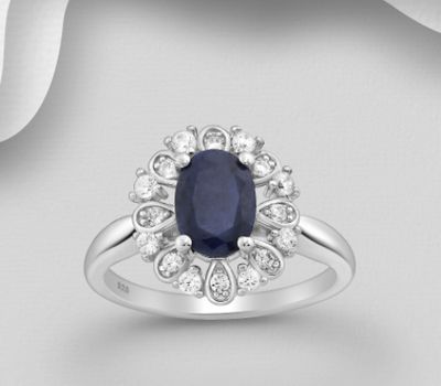 La Preciada - 925 Sterling Silver Halo Ring, Decorated with Blue Sapphire and CZ Simulated Diamonds