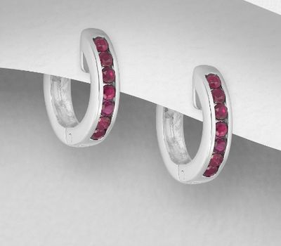 925 Sterling Silver Hoop Earrings, Decorated with Blue Sapphires or Rubies