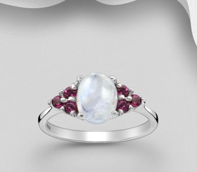 La Preciada - 925 Sterling Silver Ring, Decorated with Rainbow Moonstone and Rhodolite