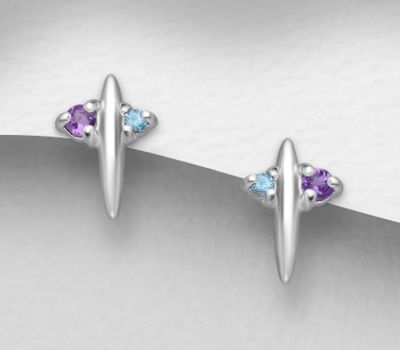 La Preciada - 925 Sterling Silver Spike Push-Back Earrings, Decorated with Amethyst and Sky-Blue Topaz