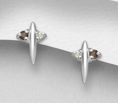 La Preciada 925 Sterling Silver Spike Push-Back Earrings, Decorated with Peridot and Smoky Quartz