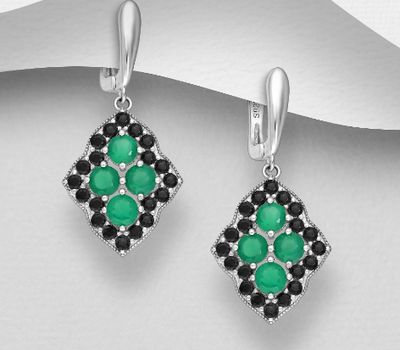 La Preciada - 925 Sterling Silver Omega-Lock Earrings, Decorated with Black Zircon and Green Agate