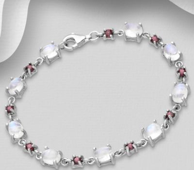 La Preciada - 925 Sterling Silver Bracelet, Decorated with Rhodolite and Rainbow Moonstone