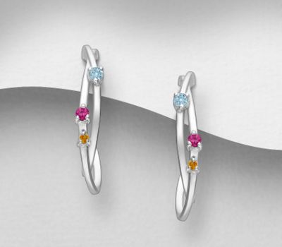 925 Sterling Silver Push-Back Earrings,  Decorated with Pink Sapphire, Citrine and Sky Blue Topaz