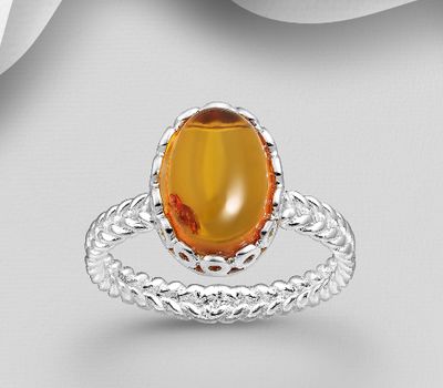 925 Sterling Silver Oval Ring, Decorated with Baltic Amber