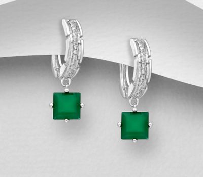 La Preciada - 925 Sterling Silver Omega Lock Earrings, Decorated with CZ Simulated Diamonds and Green Agate