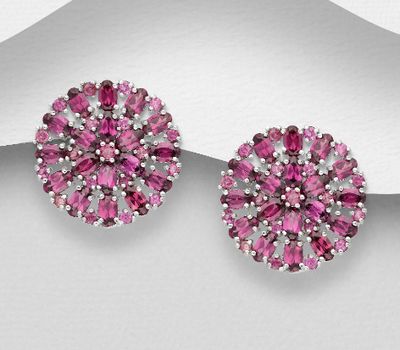 La Preciada - 925 Sterling Silver Omega Lock Earrings, Decorated with Rhodolite