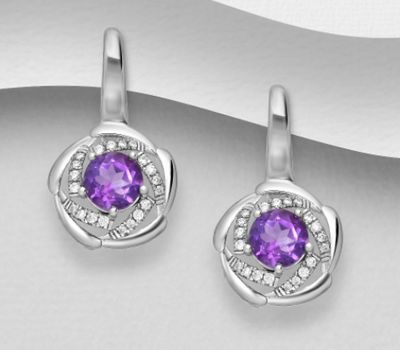 La Preciada - 925 Sterling Silver Omega Lock Earrings, Decorated with Various Gemstones and CZ Simulated Diamonds