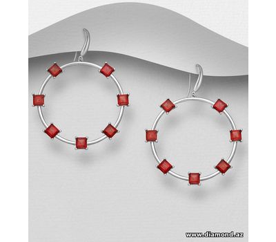 925 Sterling Silver Circle Hook Earrings, Decorated with Garnet