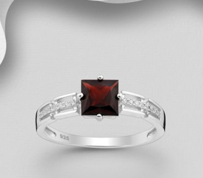 La Preciada - 925 Sterling Silver Ring, Decorated With CZ Simulated Diamonds and Garnet