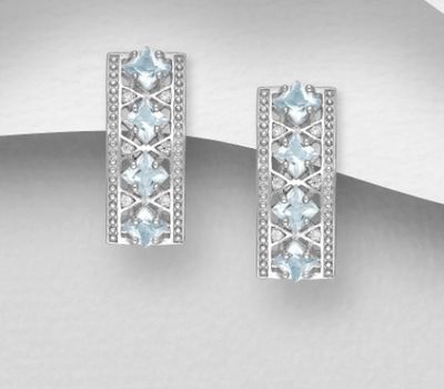 La Preciada - 925 Sterling Silver Omega Lock Earrings, Decorated with CZ Simulated Diamonds and Sky-Blue Topaz