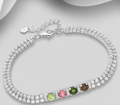 925 Sterling Silver Bracelet, Decorated with CZ Simulated Diamonds and Tourmaline