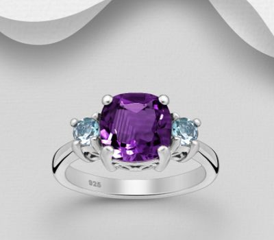 La Preciada - 925 Sterling Silver Ring, Decorated with Amethyst and Sky-Blue Topaz