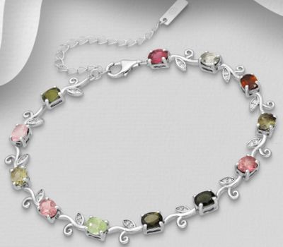 La Preciada - 925 Sterling Silver Adjustable Leaf Bracelet, Decorated with Various Colors of Tourmaline