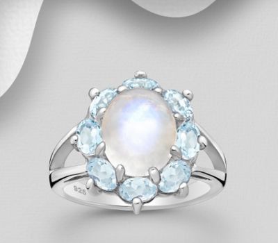 La Preciada - 925 Sterling Silver Ring, Decorated with Rainbow Moonstone and Sky-Blue Topaz