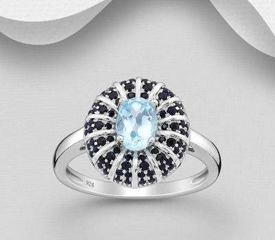 La Preciada - 925 Sterling Silver Oval Ring, Decorated with CZ Simulated Diamonds and Sky-Blue Topaz