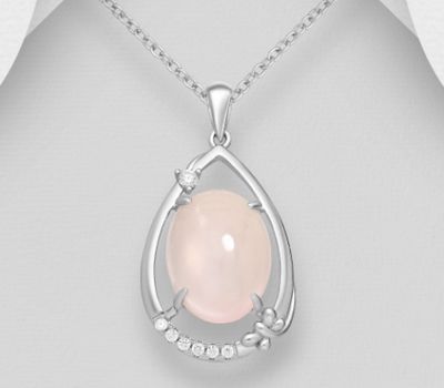 La Preciada - 925 Sterling Silver Droplet Pendant, Decorated with Rose Quartz and CZ Simulated Diamonds