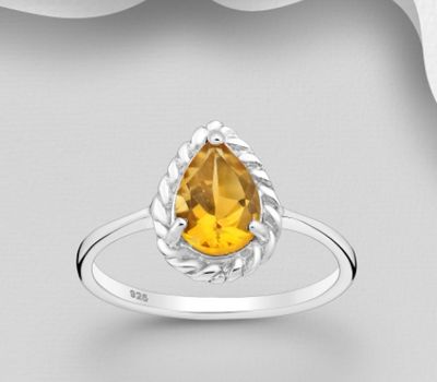 La Preciada - 925 Sterling Silver Droplet Ring, Decorated with Citrine