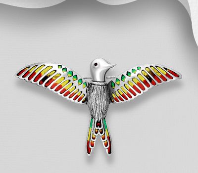 925 Sterling Silver Bird Brooch, Decorated with Colored Enamel and Ruby