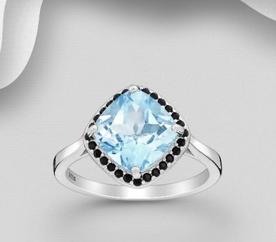 La Preciada - 925 Sterling Silver Rhombus Ring, Decorated with CZ Simulated Diamonds and Sky-Blue Topaz