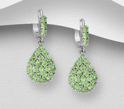 925 Sterling Silver Droplet Omega-Lock Earrings, Decorated with Tsavorite