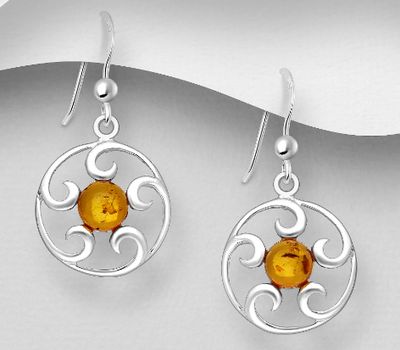 925 Sterling Silver Swirl Hook Earrings, Decorated with Baltic Amber