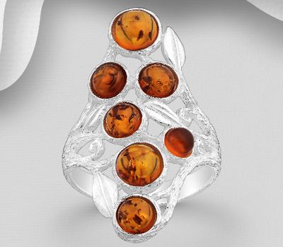 925 Sterling Silver Leaf Ring, Decorated with Baltic Amber