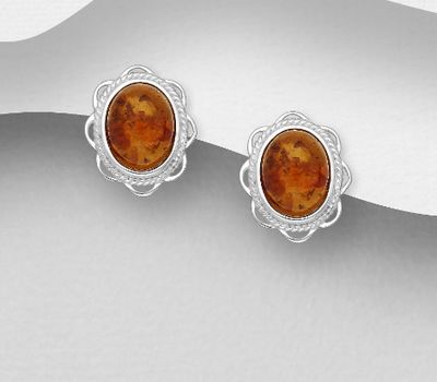 925 Sterling Silver Oval Push-Back Earrings, Decorated with Baltic Amber