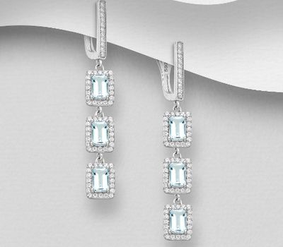 La Preciada - 925 Sterling Silver Omega Lock Earrings, Decorated with CZ Simulated Diamonds and Sky-Blue Topaz