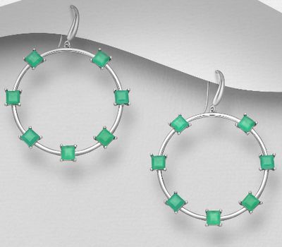 925 Sterling Silver Circle Hook Earrings, Decorated with Green Agate