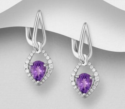 La Preciada - 925 Sterling Silver Omega Lock Earrings, Decorated with Droplet Amethyst and CZ Simulated Diamonds