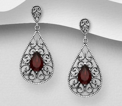 925 Sterling Silver Oxidized Droplet Push-Back Earrings, Featuring Swirl Pattern, Decorated with Garnet