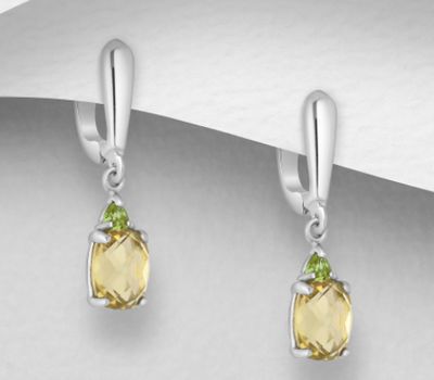 La Preciada - 925 Sterling Silver Omega Lock Earrings, Decorated with Lemon Quartz and Peridots