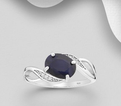 La Preciada - 925 Sterling Silver Ring, Decorated with CZ Simulated Diamonds and Blue Sapphire