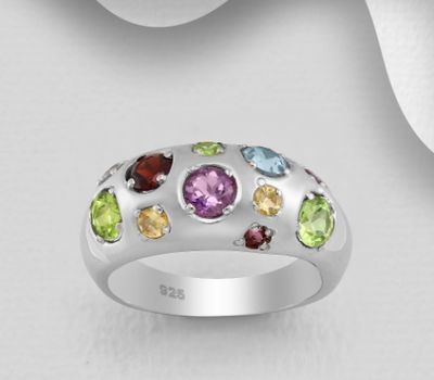 La Preciada - 925 Sterling Silver Band Ring, Decorated with Amethysts, Citrines, Garnets, Peridots and Sky-Blue Topaz