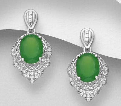 La Preciada - 925 Sterling Silver Swirl Push-Back Earrings, Decorated with CZ Simulated Diamonds and Green Agate